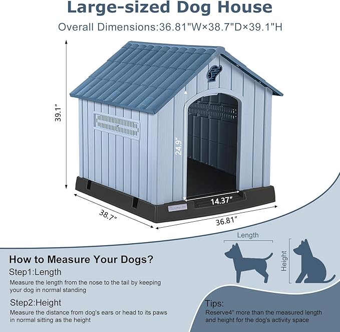 LEMBERI Large Plastic Dog House for Medium Large Dogs, Durable Waterproof Indoor Outdoor Doghouse with Air Vents and Elevated Floor, Easy to Assemble (Blue, 38.7" L x 36.8" W x 39.1" H)