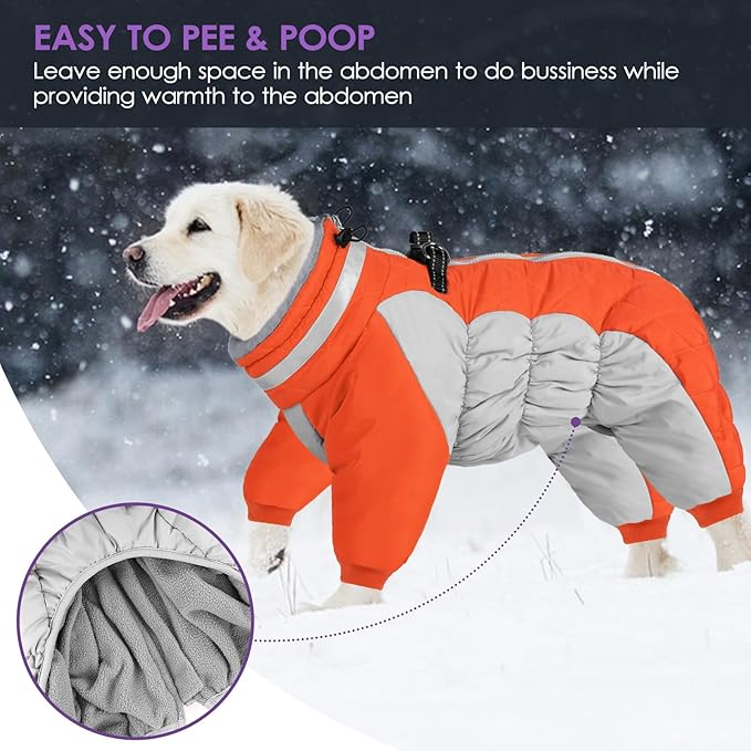 SUNFURA Full Body Dog Coat - Warm Fleece Jacket for Large Dogs, Turtleneck Winter Coats with Harness, Reflective Windproof Dog Snowsuit with Legs for Labrador,Golden Retriever, Orange 2XL