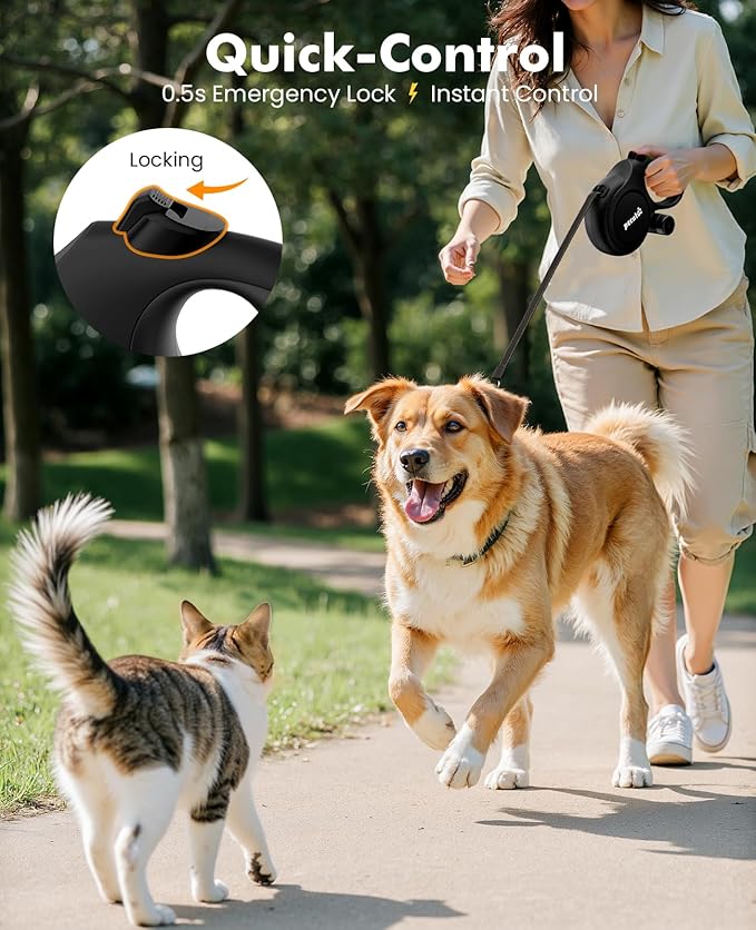 26ft Retractable Dog Leash, Heavy Duty Retractable Pet Leash with Poop Bag Holder, Anti-Slip Soft Grip, Reflective Dog Leashes for Medium Dogs Large Dogs up to 110 lbs(Black)