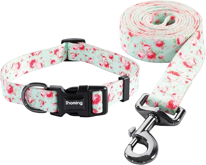 Ihoming Dog Collar and Leash Set for Daily Outdoor Walking Running Training, Floral GreenLake Design for Large Boys Girls Dogs Cats Pets, L-Up to 80LBS