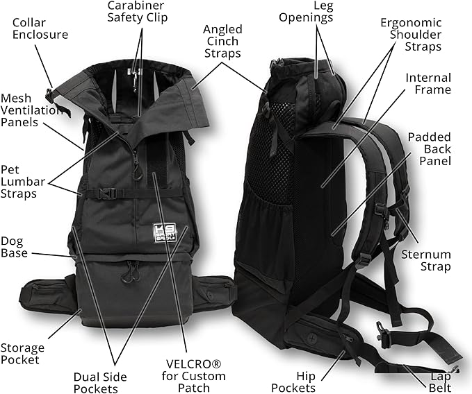K9 Sport Sack Knavigate - Medium, Midnight Black - Ideal for Dogs with 17-19” Back Length - Adjustable, Backpack-Style Carrier with Internal Frame & Padded Hip Belt