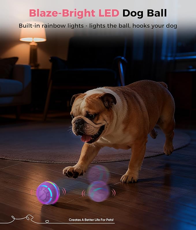 Petbobi Interactive Dog Toys – USB Rechargeable Automatic Rolling Ball with LED Light, Smart Bouncing Ball for Small Medium Pets to Exercise, Durable TPU Shell, Dog Toys to Keep Them Busy, Purple
