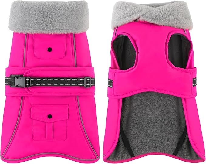 Dogcheer Dog Coat with Pocket, Waterproof Dog Jacket with Adjustable Buckle, Reflective Puppy Winter Coat Warm Turtleneck Fleece SnowJacket for Small Medium Large Dogs - Pink XL