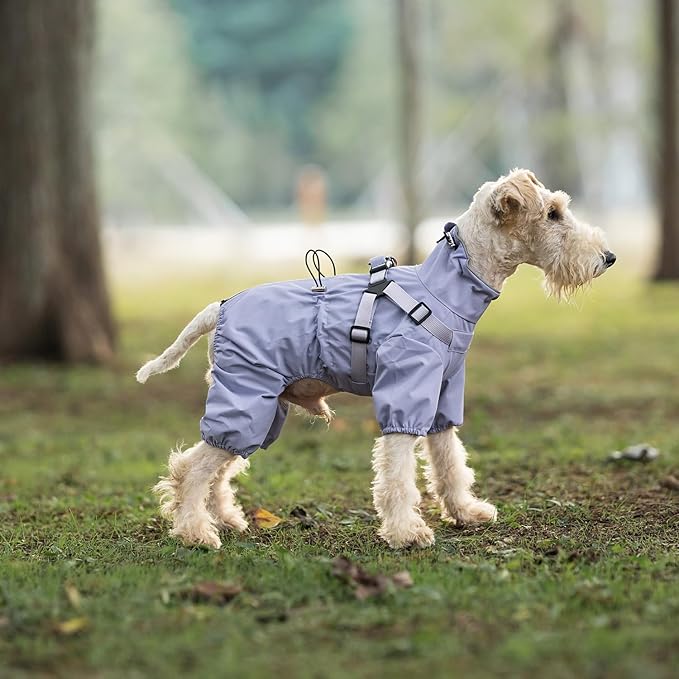 Mile High Life Waterproof Dog Raincoat, Full Coverage Small Dog Rain Coat with Harness, Adjustable 4 Legs Puppy Rain Jacket with Reflective Strip and Elastic Cuffs (Purple, XXS Back Length 9.8")