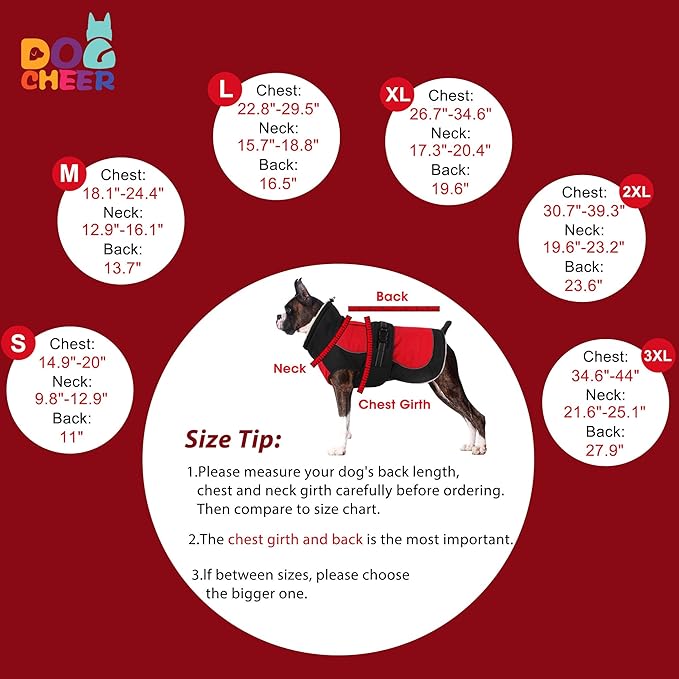 Dogcheer Dog Coat, Christmas Dog Jacket, Waterproof Turtleneck Puppy Winter Coat, Adjustable Pet Puffer Jacket, Reflective Warm Fleece Coats for Small Medium Large Dogs - Red, M