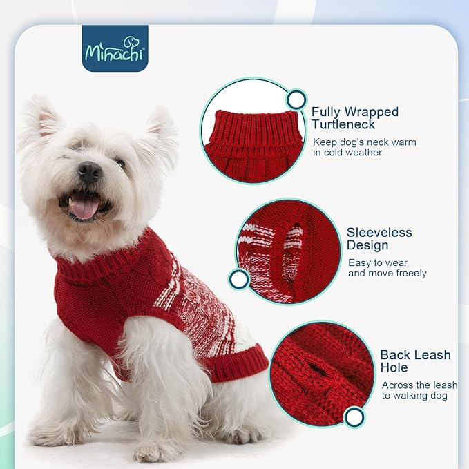 Mihachi Soft Warm Dog Sweater for Small Dogs & Cats - Turtleneck Knitted Pullover with Leash Hole, Red XS
