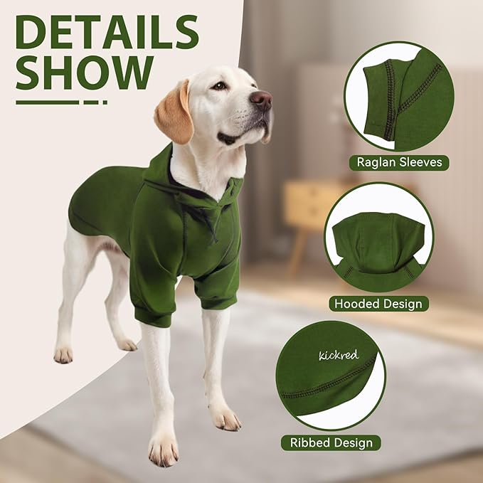 Kicred Basic Dog Hoodie, Premium Dog Sweater Pullover, Soft & Comfy Cotton Pet Clothes Hoodies with Hat and Leash Hole, Doggy Puppy Sweatshirt Coat for Small Medium Large Dogs - Army Green (Large)