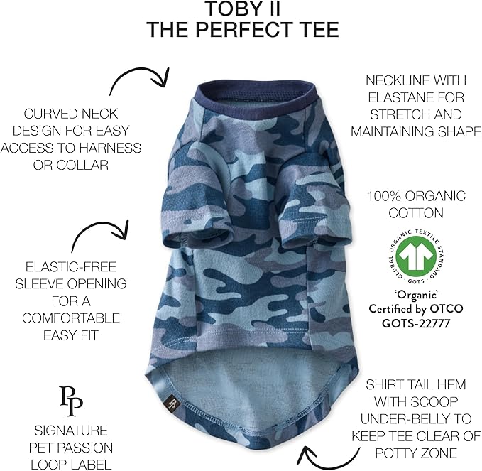 Toby II - The Perfect Tee, 3 Pack Short Sleeve Pet T-Shirt 100% Organic Cotton Tees Clothes for Small, Medium, Large Dogs, Navy Camo, XX-Large