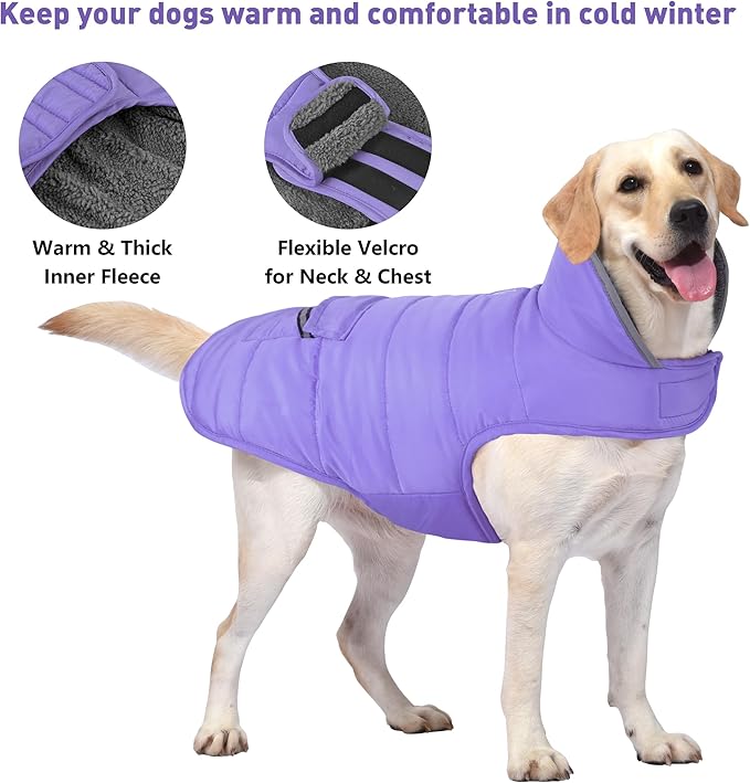 Dog Coat, Waterproof Dog Winter Jacket with Pocket, Reflective Adjustable Pet Snow Vest, Warm Cozy Fleece Sweater for Small Medium Extra Large Dogs - Light Purple, L