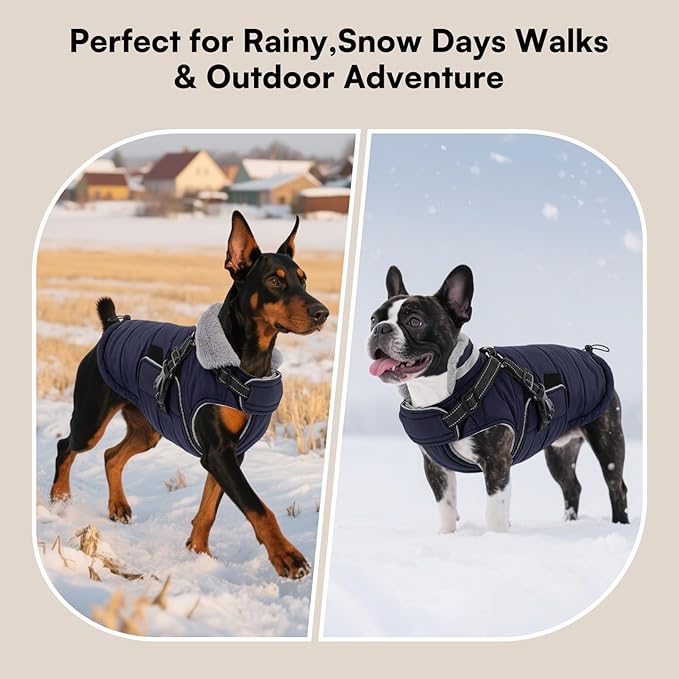 Queenmore Small Winter Dog Coat with Harness Built-in, Waterproof Winter Jackets for Small Dogs, Puppy Warm Puffer Jacket for Snow/Cold Weather - Fleece Reflective Easy On Velcro Closure, Navy S