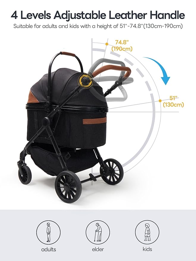 Pet Stroller with 4 Wheels, 4 in 1 Folding Puppy Strollers for Small/Medium Dogs up to 66lbs, Lightweight Pet Travel Carrier with Detachable Carrier/Storage Basket, One Click Folding, Black