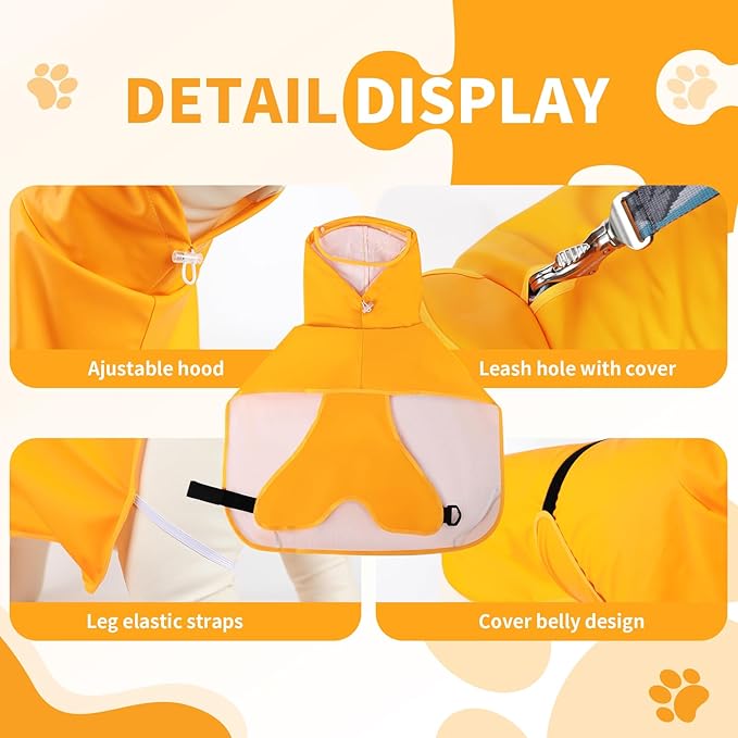 Dog Raincoat, Waterproof Windproof Dog Rain Jacket with Hood, Rain Coat with Leash Hole, Adjustable Raincoat Poncho for Small Medium Large Dogs Outdoor (Yellow, X-Large)