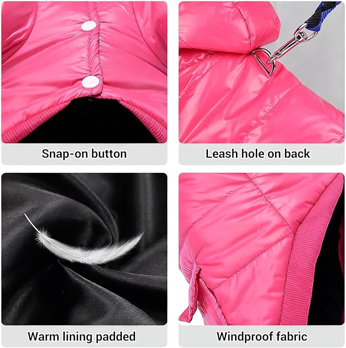 LESYPET Dog Coat for Small Dogs, Windproof Doggie Puffer Jacket with Leash Hole, Extra Warm Dog Jacket Winter Coat, Pink XL