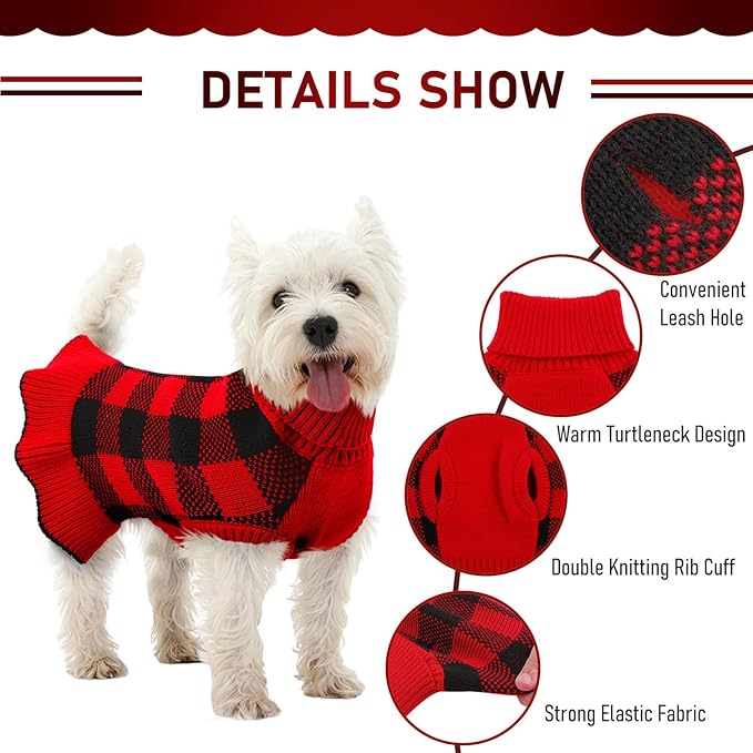 Dog Sweater Dress Plaid Knitwear for Small Medium Dogs Warm Puppy Pet Turtleneck Stretch Pullover Cute Fall Winter Vest Clothes with Leash Hole for Christmas (Red, L)