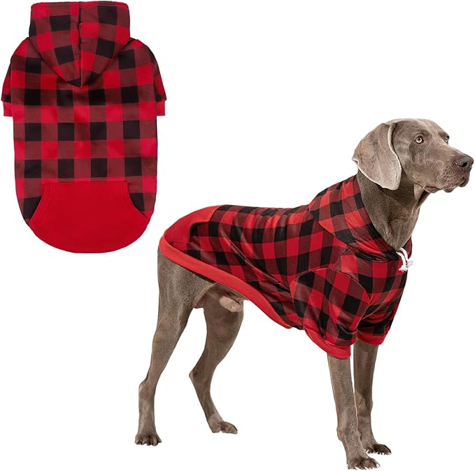 KOOLTAIL Plaid Dog Hoodie Pet Clothes Sweater with Hat and Pocket for Small Medium Large Size Dogs, Soft Winter Warm Dog Cold Weather Coat, Fleece Fall Dog Hooded Sweatshirt for Puppy Cats, Red XXL