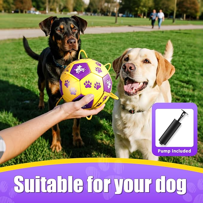 Size 2 Dog Soccer Ball with Straps Durable Training Ball for Pets Interactive Outdoor Dog Toy,Yellow & Purple, Paw and Puppy Design, for Small & Medium Puppie