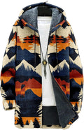 Mens Aztec Print Hoodie Heavyweight Cotton Fleece Jacket Zip Up Warm Long Sleeve Hooded Winter Midi Coat