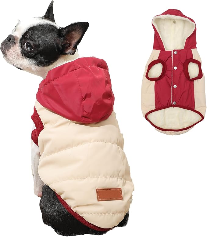 Fleece Lining Extra Warm Dog Hoodie in Winter,Small Dog Jacket Puppy Coats with Hooded,Beige and Red S