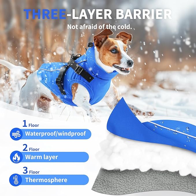 Dog Winter Coat Reflective Water-Resistant Jacket, Fleece Lined Windproof Puppy Coat with Back Zipper & D-Ring, Cold Weather Dog Coats for Small Medium Large Dogs (M,Blue)