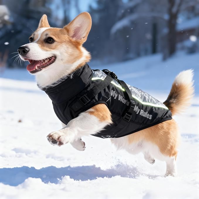 Dog Coat for Medium Large Dogs,Waterproof Reflective Dog Winter Jacket with Harness, Fleece Snowsuit,Warm Pet Winter Coat(Reflective white-5XL)
