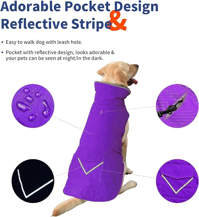 Dog Coat, Waterproof Dog Winter Jacket with Pocket, Reflective Adjustable Pet Snow Vest, Warm Cozy Fleece Sweater for Small Medium Extra Large Dogs - Purple, 2XL