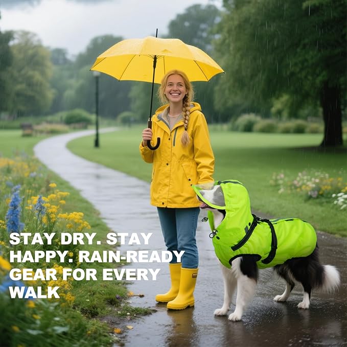 Dog Rain Jacket for Medium Dogs Waterproof with Hood, Reflective Dog Rain Coat with Adjustable Built-in Harness & Back Zipper, for Rainy Walks, Muddy Roads - Fluorescent Green M