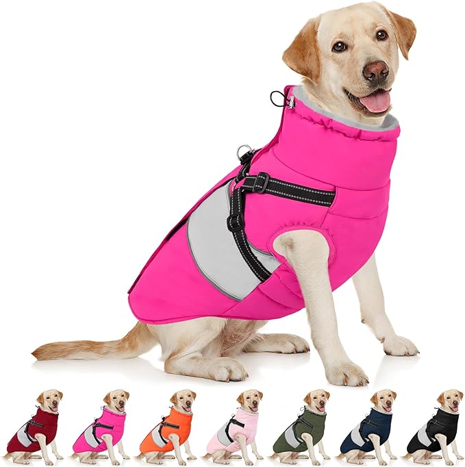 AOFITEE Dog Coat Warm Dog Winter Coat, Waterproof Dogs Jacket with Harness, Dogs Snow Jacket Snowsuit with Zipper & Furry Collar, Reflective Windproof Pet Sweater for Cold Weather, French Bulldog, L