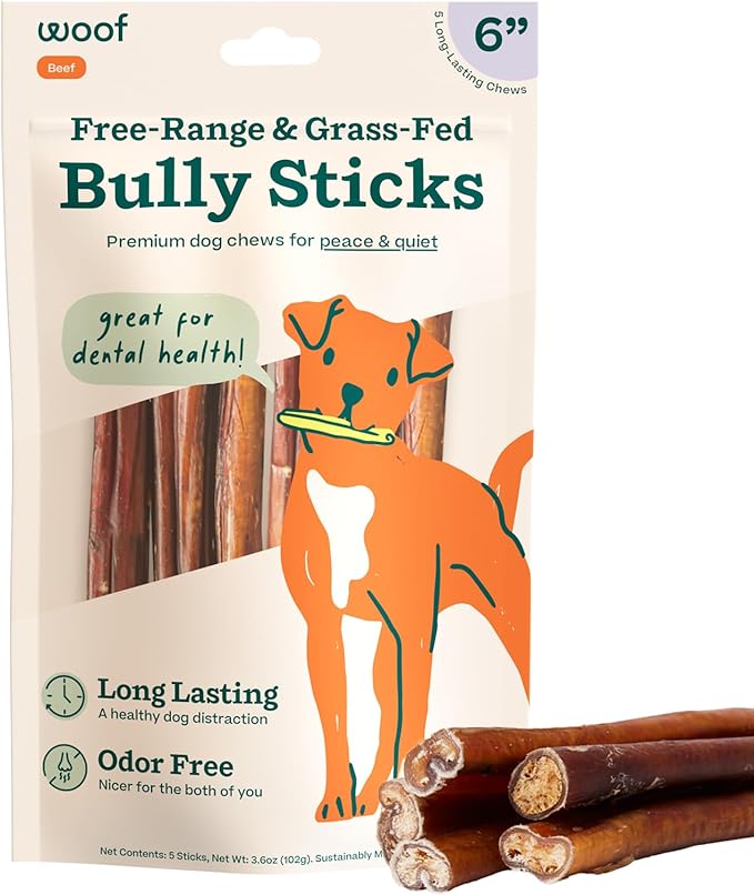 WOOF Bully Sticks Dog Treats - Chew Sticks for Dogs - Long-Lasting Dog Chew Treats - Made with Free-Range, Grass-Fed Beef - 6" Sticks - 5pk