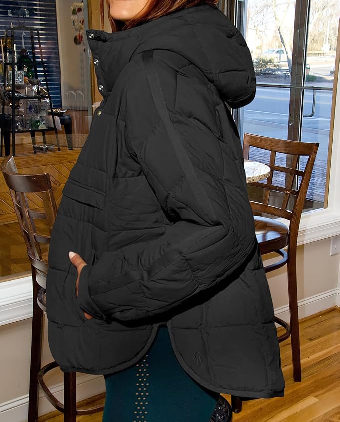 Womens Oversized Hooded Puffer Jacket Fall Winter Warm Quilted LightWeight Jacket Casual Fashion Solid Color Coat