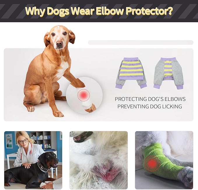 FUAMEY Dog Recovery Sleeve with Elbow Protector,Dogs Shirt Stop Licking Joints,Pet Long Sleeve Suit Protecting Dog's Front Leg Arm Wounds Cover Skin Conditions Purple Stripes L