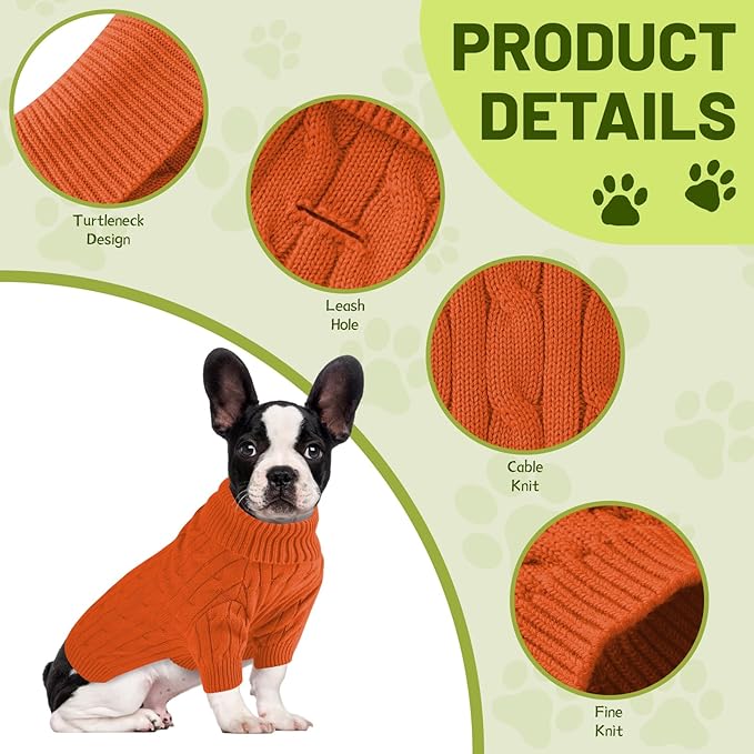 Small Dog Thermal Pullover Sweater, Classic Turtleneck Cable Knitwear Dog Clothes for Cold Weather Warm Pet Clothes for Chihuahua, Bulldog, Dachshund, Pug Orange X-Large