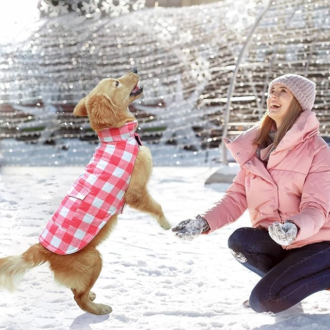 Malier Dog Winter Coat, Classic Plaid Fleece Dog Cold Weather Coats Dog Jacket with Pocket, Windprood Warm Dog Coat Vest Winter Pet Clothes Apparel for Small Medium Large Dogs (Pink, X-Large)