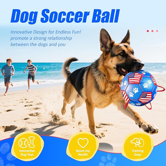 Size 2 Dog Soccer Ball with Straps Durable Training Ball for Pets Interactive Outdoor Dog Toy, Blue & Red, Paw Prints Flag Design, for Small to Medium Puppies, Pet Supplies