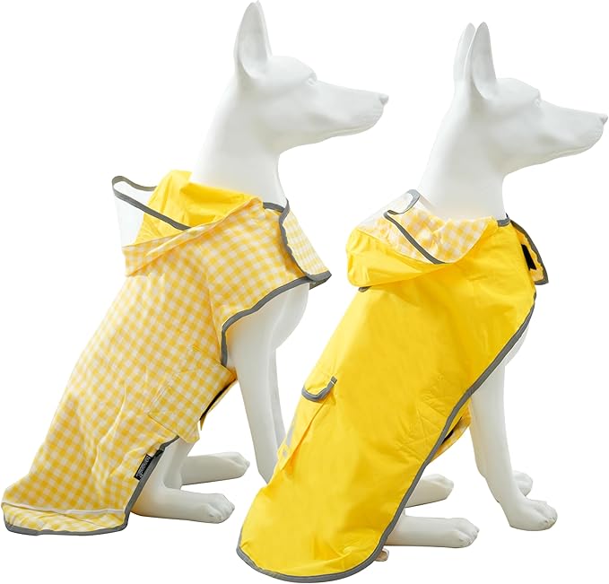 MAMORE Dog Raincoat Reversible,Waterproof Dog Rain Coat Hooded Slicker Poncho with Reflective Strip, Plaid Double Layer Rain Jacket for Small Medium Large Dogs (Yellow, XX-Large)