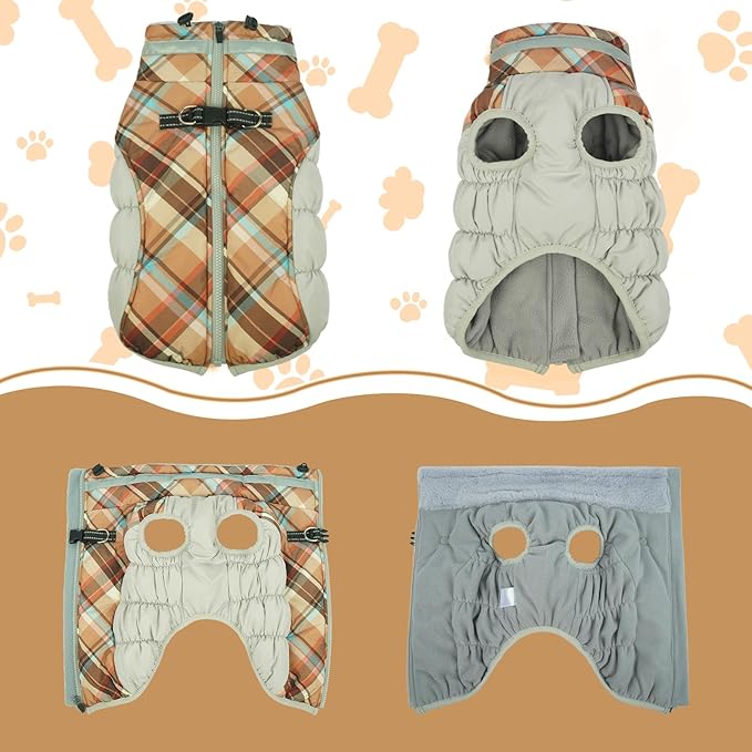 Lelepet Warm Dog Winter Coat Dog Coats for Small Dogs Waterproof Dogs Jacket with Harness Built in Reflective Cold Weather Coats Windproof Zip-Up Winter Fleece Vest Snowsuit Yorkie Brown Plaid S