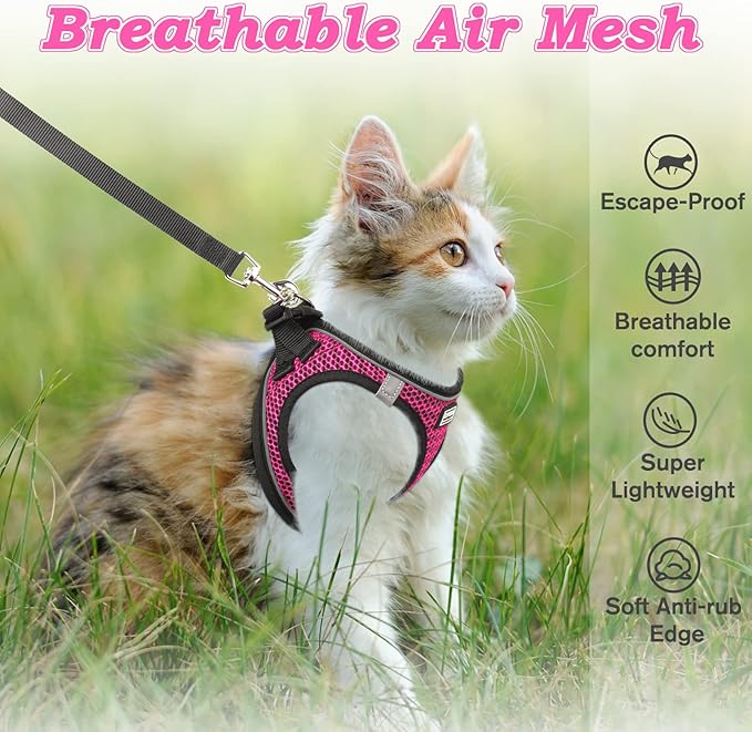 Cat Harness and Leash for Walking Escape Proof, Adjustable Kitten Vest Harness Reflective Soft Mesh Puppy Harness for Outdoor, Comfort Fit, Easy to Control (Pink, XXS)