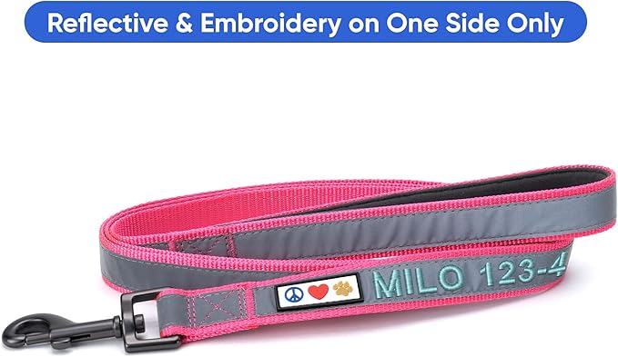 Pawtitas Personalized Dog Leash Embroidered Customize Your Pet Name & Phone Number Puppy Reflective 6 ft Long Large Pink Custom Tag Name, Pink Reflective 🔦 Padded
