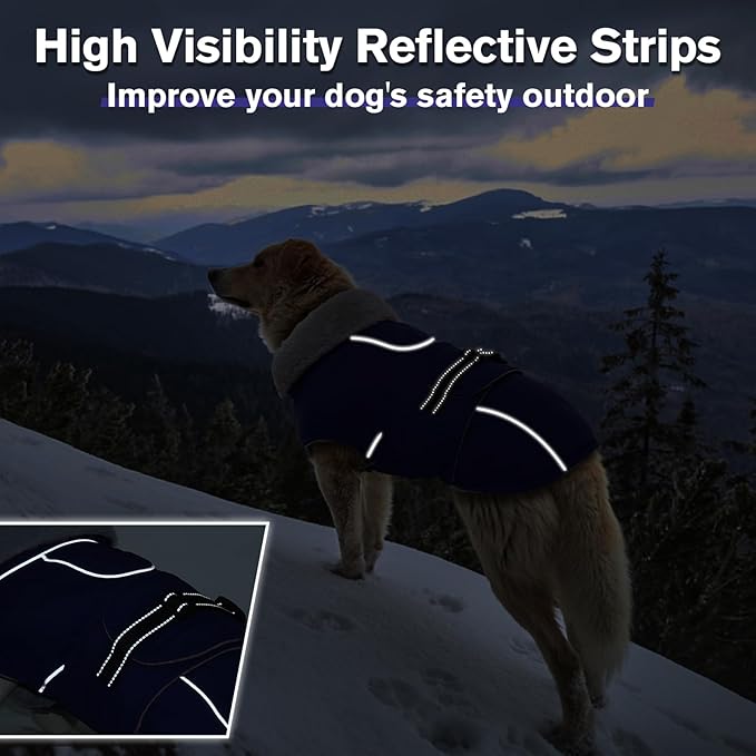 Lelepet Warm Dog Winter Coat Waterproof Dog Jacket with Adjustable Buckle & Leash Hole Reflective Pet Fleece Snowsuit Turtleneck Windproof Cold Weather Coats, Blue, XL