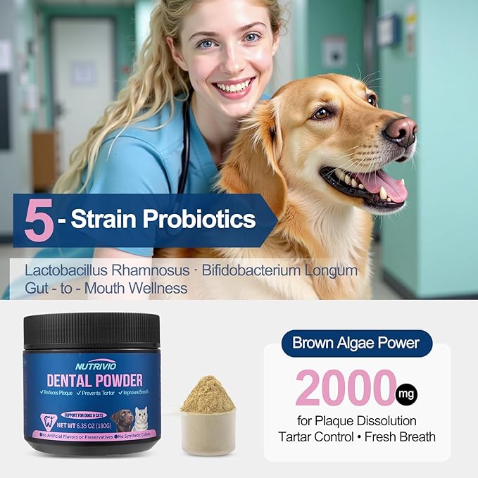Cat Dog Dental Powder - Dog Teeth Cleaning Powder for Bad Breath Treatment, Plaque Off and Tartar Remover, Healthy Mouth for Dogs with Probiotics, Pet Dental Care - 6.35oz 180g