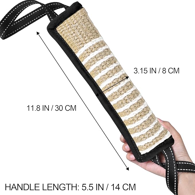 ToLanbbt Dog Tug Toy Bite Jute Pillow Pull Toy with 2 Strong Handles Perfect for Tug of War, Puppy Interactive Play, Tear Resistant Bite Training for Small Medium Large Dogs(Black-Line)