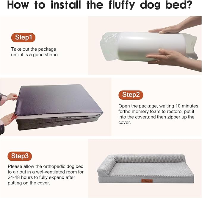 Orthopedic Dog Beds Large Sized Dog, Memory Foam Pet Bed for Large Dogs, Washable Removable Cover, Nonskid Bottom, Waterproof, 44x32x6 Inches, Light Grey