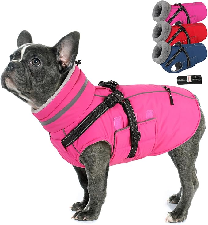 PETDSH Dog Coat Small, Built-in Harness Dog Jacket with Warm Fleece Lining, Waterproof Reflective Dogs Winter Coat, Pet Coats with Pocket and Trash Bags (Pink, Small)