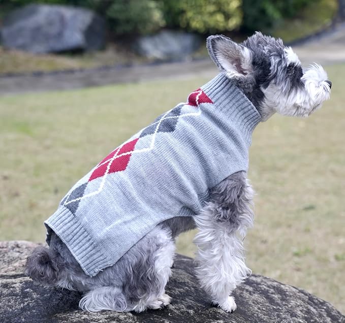 Alemon Grey Argyle Knit Pet Sweaters Clothes for Small Dogs, Classic Gray X-Small (XS) Size