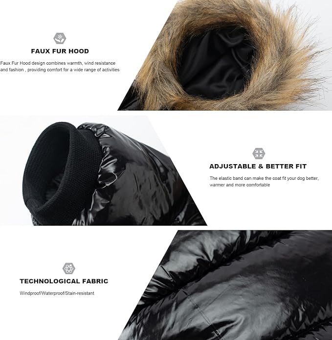 PINA Dog Winter Coat with Large Faux Fur Hood, Windproof and Warm, Suitable for Small to Large Dogs, Black, S