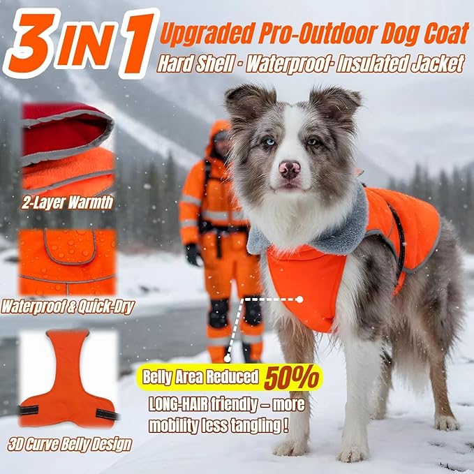Insulated Relaxed Fit Dog Winter Jacket with Full-Body Reflective Strip, Hard Shell Pet Coat for Outdoor, Waterproof & Adjustable Coats for Large Dogs, Soft Fur Collar Clothes for Bulldog(Orange, XL)
