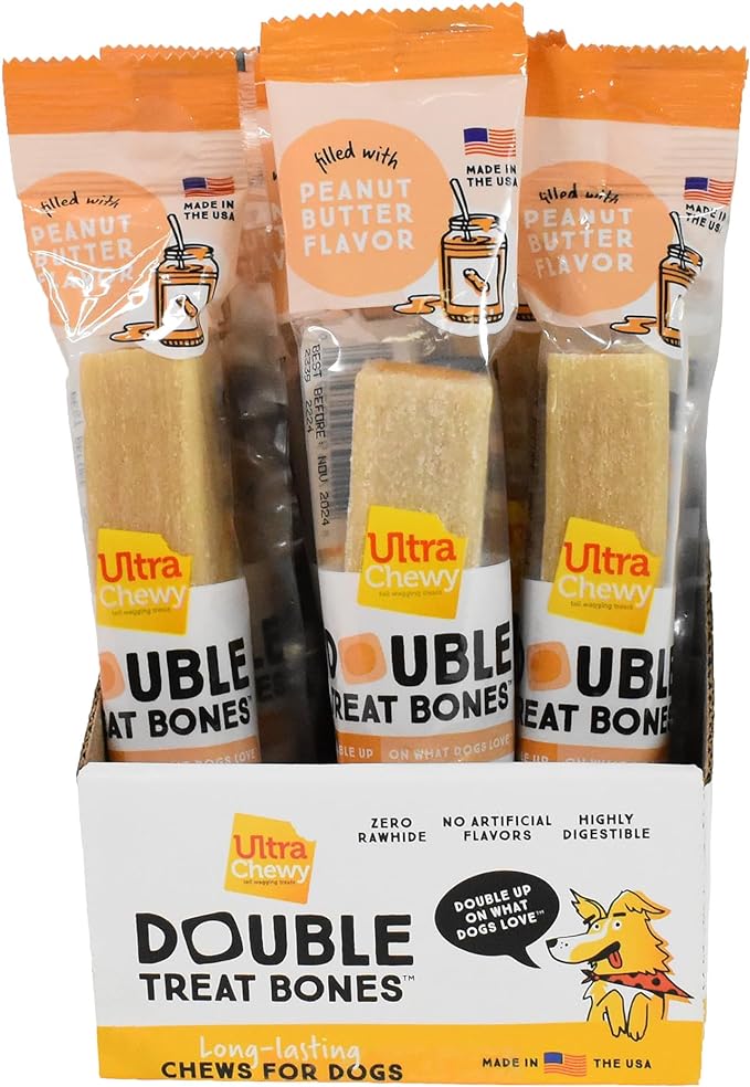 Ultra Chewy Peanut Butter Double Treat Bones: Long-Lasting Dog Treats Made in USA for Large and Small Breeds, Highly Digestible, Ideal for Aggressive Chewers (12 Count)