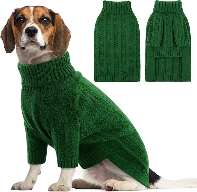 Queenmore Dog Sweater Large Size Dog, Large Dogs Sweater Xmas,Turtleneck Pullover Doggy Sweaters for Dogs Girls Boys,Sweater Pet L,Thanksgiving Knitted Pet Sweater for French Bulldog(Green,L)
