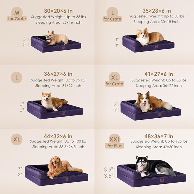EHEYCIGA Memory Foam Dog Bed XLarge Sized Dogs, Extra Large Dog Bed Orthopedic with Washable Removable Cover, Waterproof XL Pet Bed Couch, 44x33x6 Inches, Purple