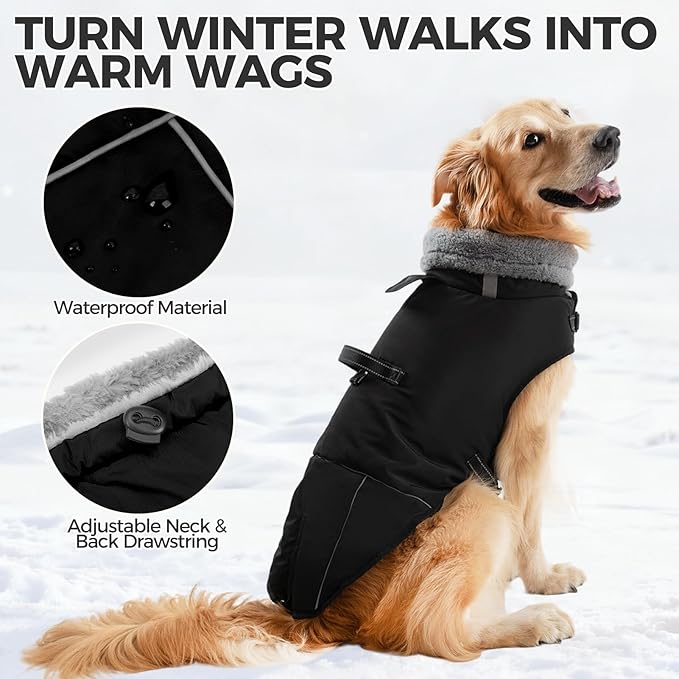 Mihachi Dog Coat for Medium Dogs, Warm Dog Winter Coat Waterproof Dogs Jacket with Harness Built in Reflective Pet Fleece Vest, Puppy Cold Weather Coats Turtleneck & Windproof Dogs Snowsuit, Black M
