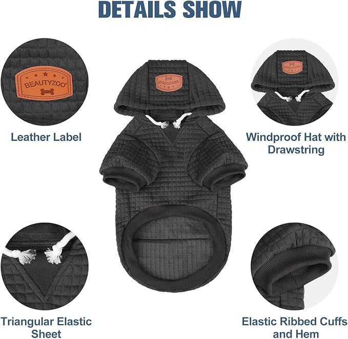 BEAUTYZOO Small Dog Hoodie Sweater with Pockets, Dog Clothes for Small Medium Dogs Boy Girl, Waffle-Like Laminated Cotton Pet Coats with Hat and Leash Hole, Black XL